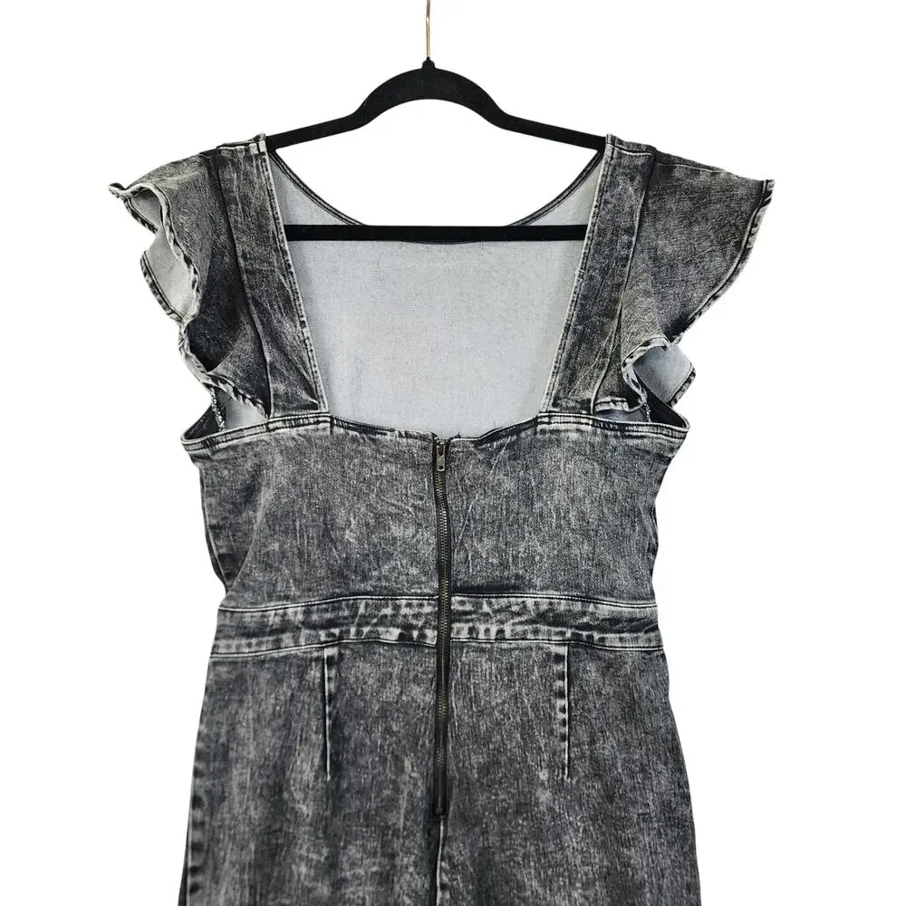 Vici Womens Jonesy Flared Leg Denim Jumpsuit Size Medium Black Acid Wash Ruffle - Picture 5 of 14